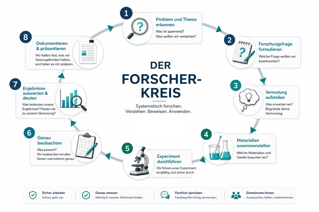 Diagramm des Forscher-Kreises mit acht Schritten: Problem und Thema erkennen, Forschungsfrage formulieren, Vermutung aufstellen, Materialien zusammenstellen, Experiment durchführen, genau beobachten, Ergebnisse auswerten und deuten, dokumentieren und präsentieren.
