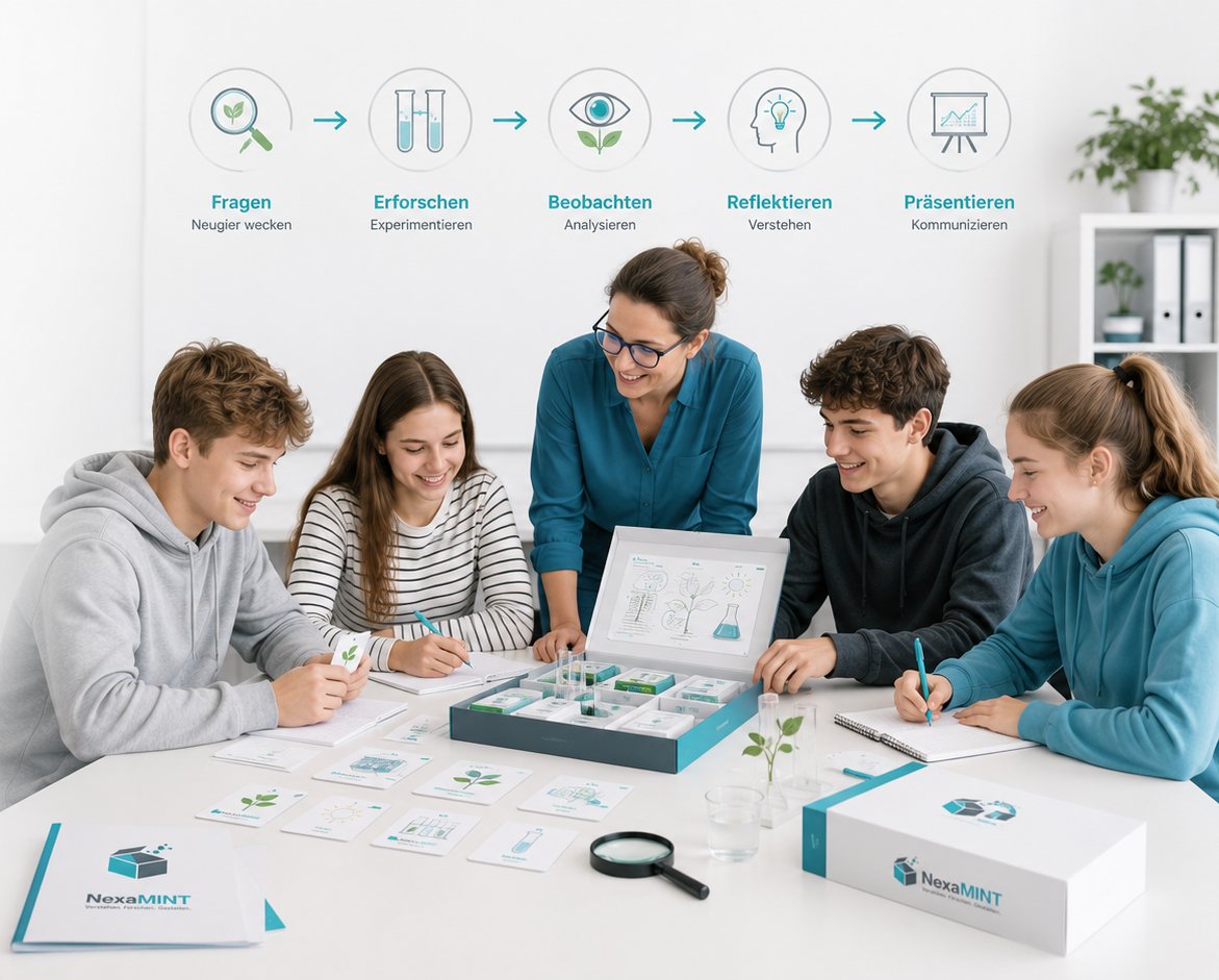 Lernende und eine Lehrkraft arbeiten gemeinsam an einem Tisch mit NexaMINT-Materialien; darüber die Schritte Fragen, Erforschen, Beobachten, Reflektieren und Präsentieren.