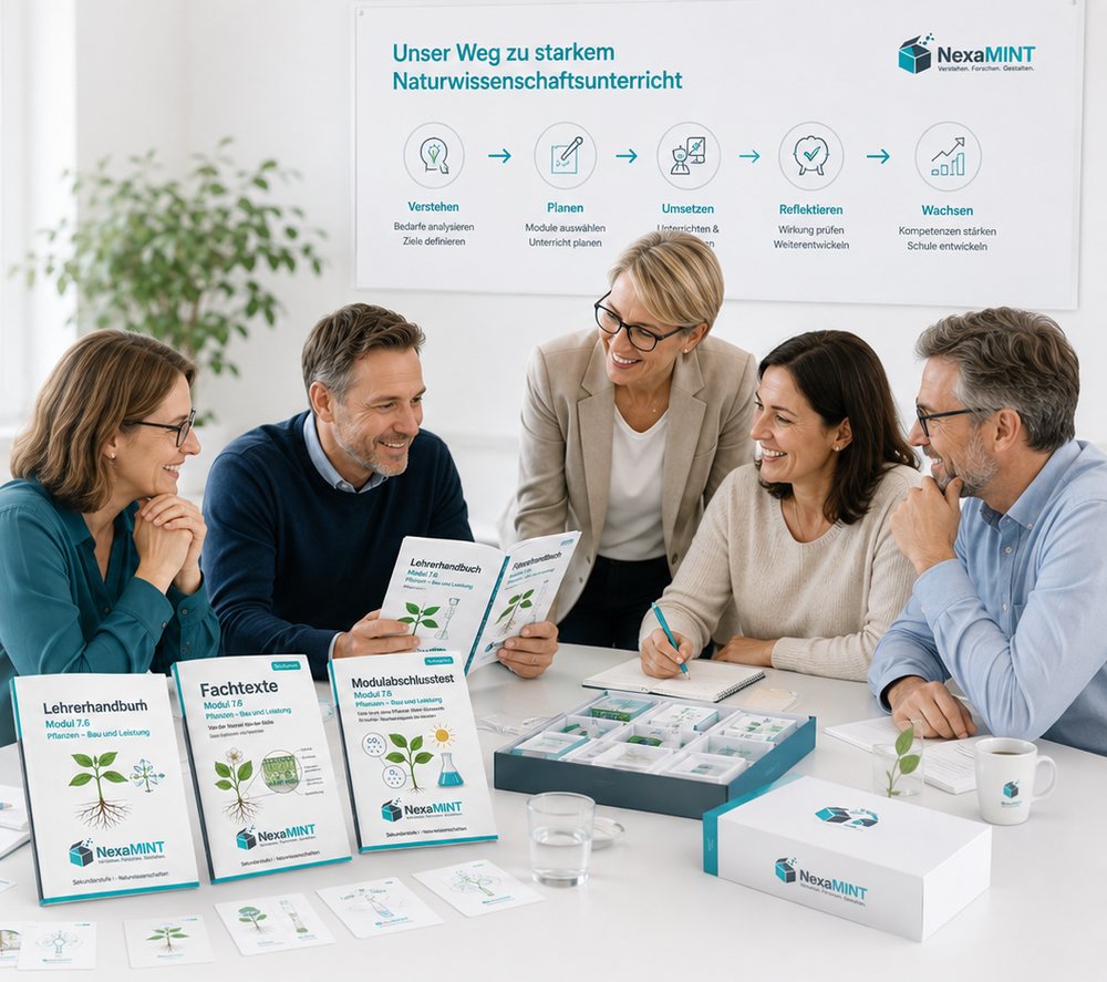 Fünf Lehrkräfte sitzen an einem Tisch mit NexaMINT-Materialien und besprechen sie; darüber der Weg von Verstehen über Planen und Umsetzen bis Reflektieren und Wachsen.
