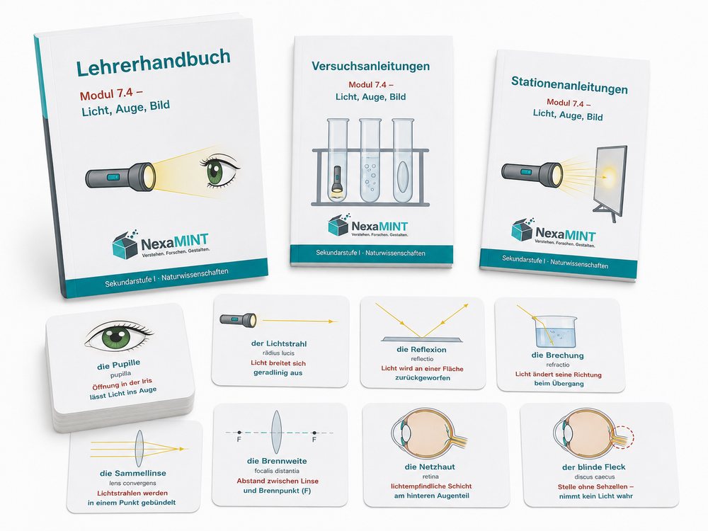 Gedruckte Materialien zu Modul 7.4: Lehrerhandbuch, Versuchsanleitungen und Stationenanleitungen, davor acht Wortschatzkarten zu Pupille, Lichtstrahl, Reflexion, Brechung, Sammellinse, Brennweite, Netzhaut und blindem Fleck.