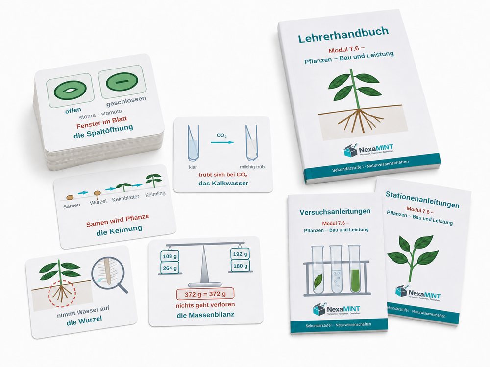 Gedruckte NexaMINT-Materialien für Modul 7.6: Lehrerhandbuch, Versuchsanleitungen, Stationenanleitungen und ein Stapel Wortschatzkarten mit Fachbegriffen und Abbildungen.