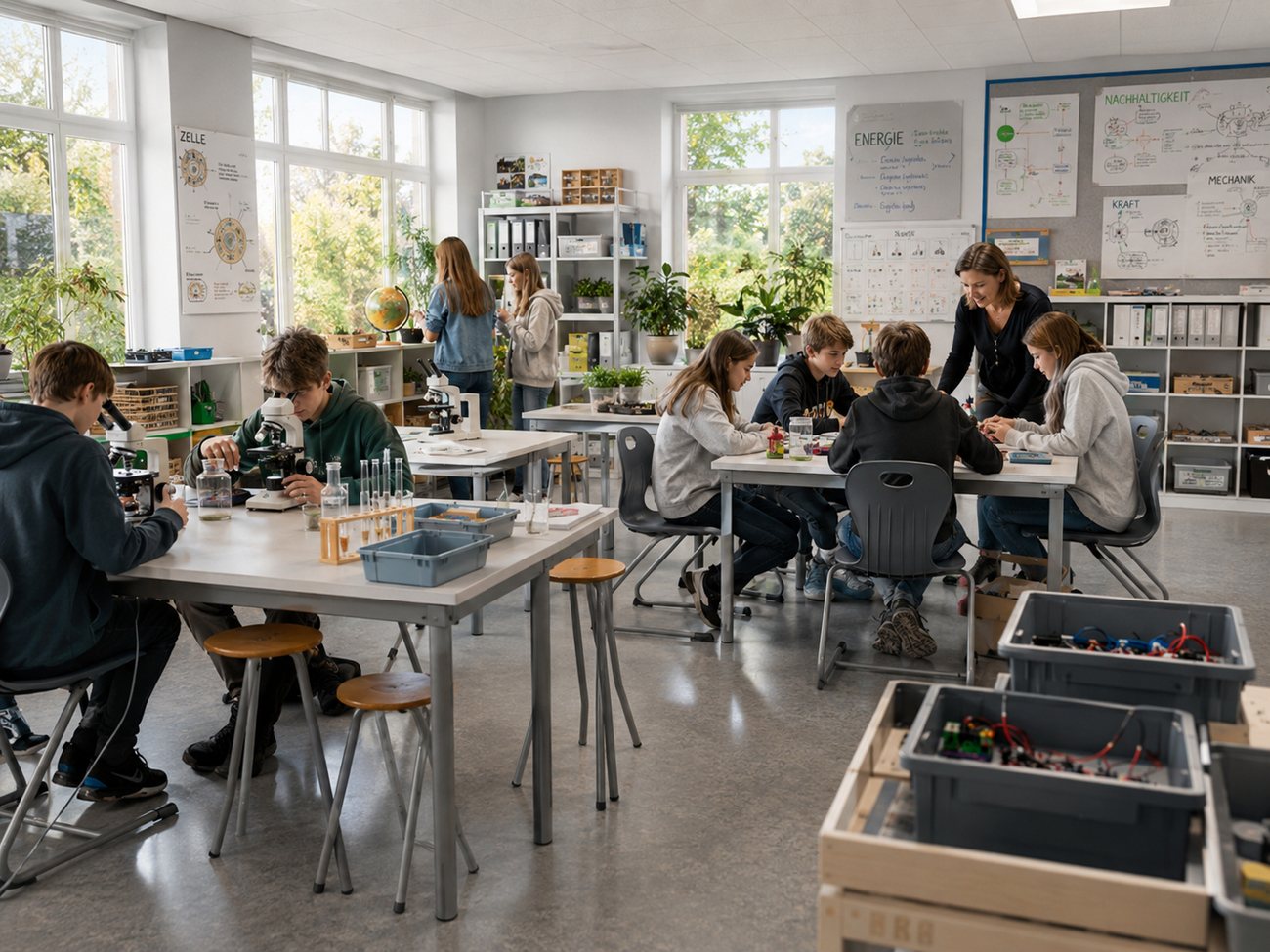 Naturwissenschaftlicher Fachraum: Mehrere Gruppen arbeiten gleichzeitig an verschiedenen Tischen – an Mikroskopen, an einem Gruppentisch mit Material – während die Lehrkraft sich zu einer Gruppe hinunterbeugt. An den Wänden Übersichten zu Zelle, Energie, Kraft und Nachhaltigkeit, im Vordergrund Materialkisten.