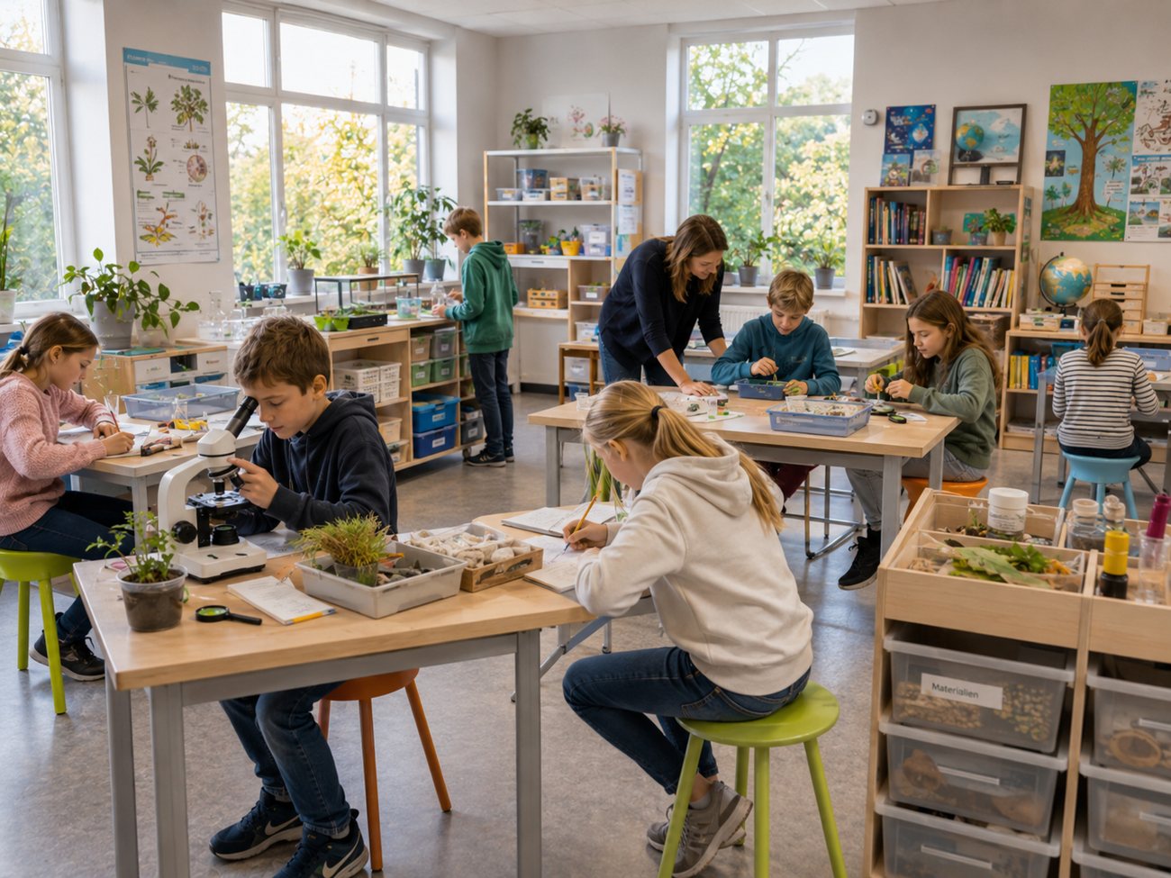Offener Fachraum mit mehreren Arbeitsplätzen: Lernende mikroskopieren, schreiben ins Logbuch, bestimmen Fundstücke aus Sortierschalen und arbeiten an einem Gruppentisch mit der Lehrkraft. An der Seite beschriftete Materialkisten.