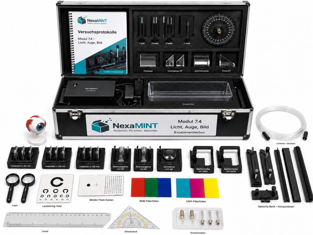 Geöffneter Materialkoffer für Modul 7.4 mit Linsen, Blendenscheiben, Farbfiltern, Lupen, Prismen, Linealen und optischen Bauteilen in beschrifteten Fächern.
