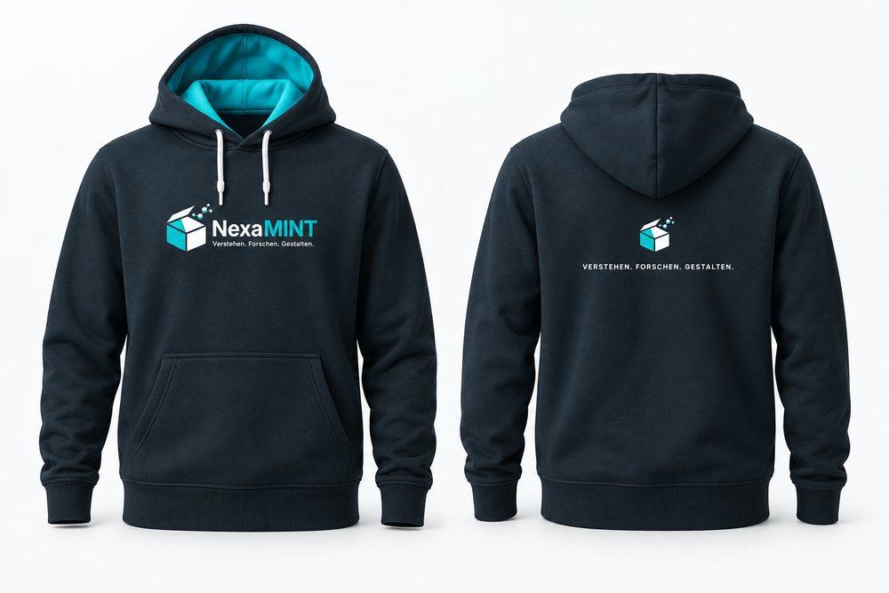 Dunkler Hoodie von vorn und von hinten. Vorne das vollständige Logo, hinten das Signet mit dem Claim in Versalien. Das Kapuzenfutter ist türkis, die Kordeln sind weiß.