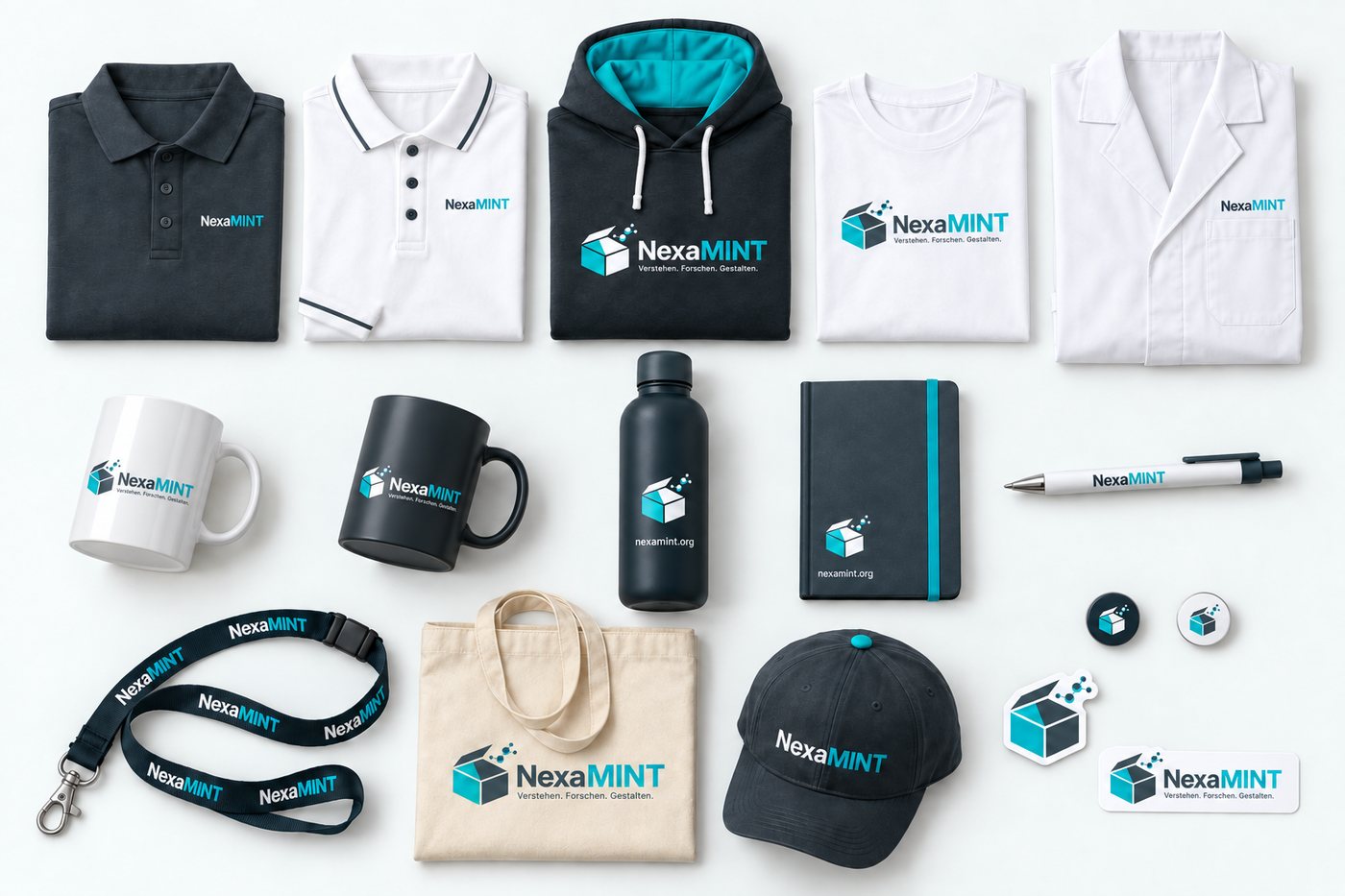 Die vollständige NexaMINT-Kollektion nebeneinander: Poloshirts in Graphit und Weiß, Hoodie, T-Shirt und Laborkittel, darunter Tassen, Trinkflasche, Notizbuch, Kugelschreiber, Lanyard, Stofftasche, Cap, Anstecker und Aufkleber.