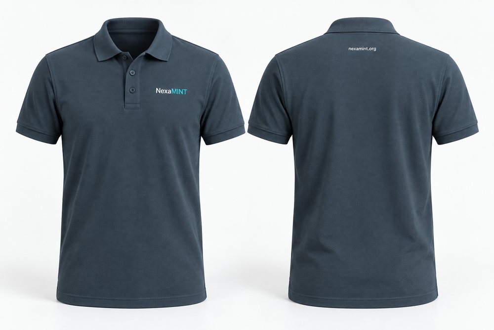 Poloshirt in Graphit von vorn und von hinten. Auf der linken Brust die gestickte Wortmarke in Weiß und Türkis, im Nacken die Adresse. Kragen, Knöpfe und Ärmelbündchen sind farbgleich.
