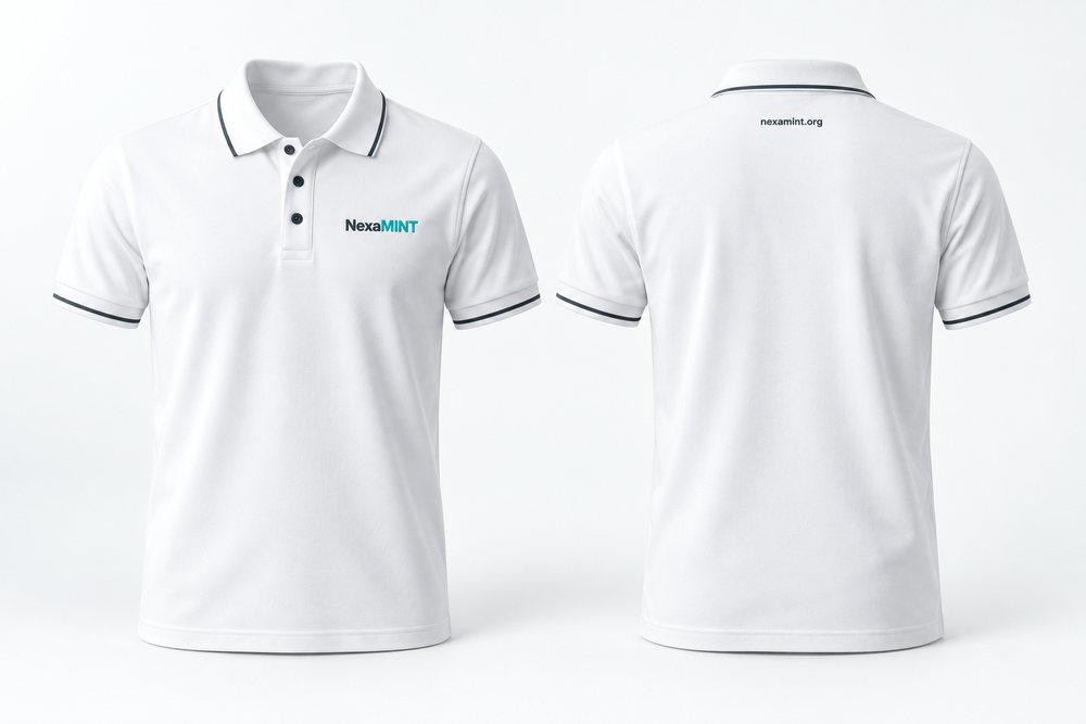 Weißes Poloshirt von vorn und von hinten. Je ein schmaler Streifen in Graphit an Kragen und Ärmelbündchen, Knöpfe in Graphit, auf der linken Brust die gestickte Wortmarke.