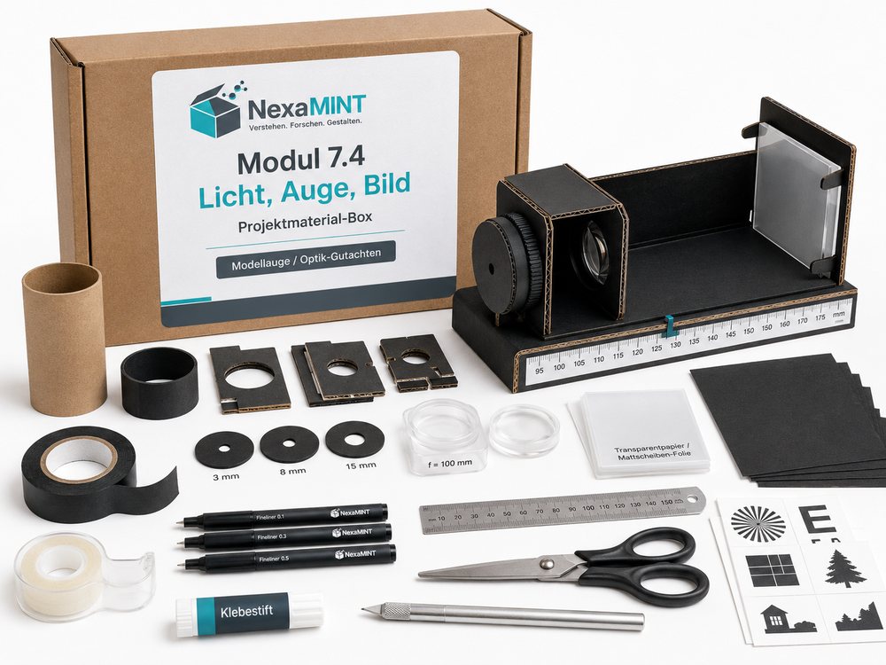 Projektmaterial-Box für Modul 7.4 mit Röhren, Linsen, Blendenscheiben, Klebeband, Schere, Lineal und Skalenstreifen für den Bau eines Modellauges.