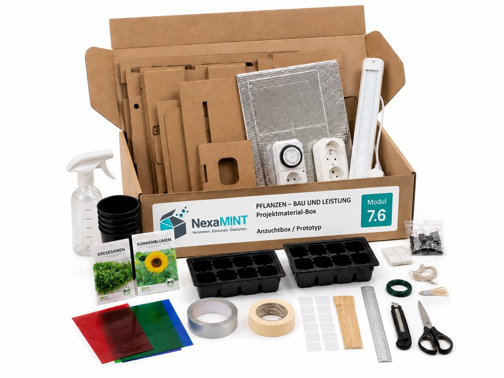 Geöffnete NexaMINT-Projektmaterial-Box für Modul 7.6 mit Saatgut, Anzuchtschalen, Farbfolien, Reflektormaterial, Sprühflasche und Kleinteilen für den Bau der Anzuchtbox.