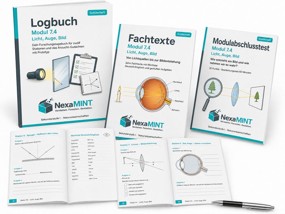 Logbuch, Fachtexte und Modulabschlusstest zu Modul 7.4, teils aufgeschlagen mit Strahlengangzeichnungen und Aufgabenfeldern.