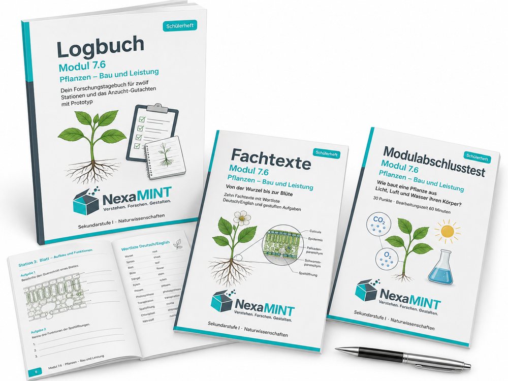 Logbuch, Fachtexte und Modulabschlusstest zu Modul 7.6 – aufgeschlagen und als Titelseiten nebeneinander.