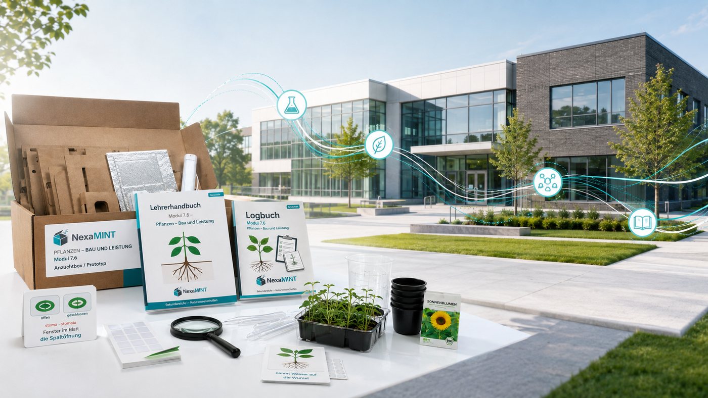 The material of one NexaMINT module in front of a school building: an opened growing box with a construction kit, teacher handbook and logbook, vocabulary cards, a magnifier, a measuring jug and a tray of seedlings.