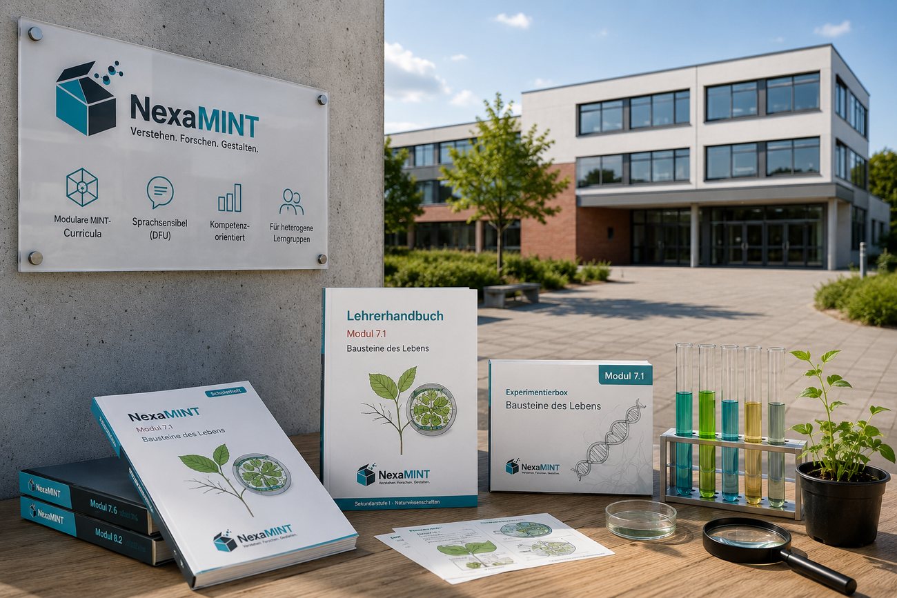 Gedruckte NexaMINT-Materialien vor einem Schulgebäude: Lehrerhandbuch und Experimentierbox zu Modul 7.1, Schülerhefte, Arbeitsblätter, Reagenzgläser im Ständer, Lupe und eine Topfpflanze.