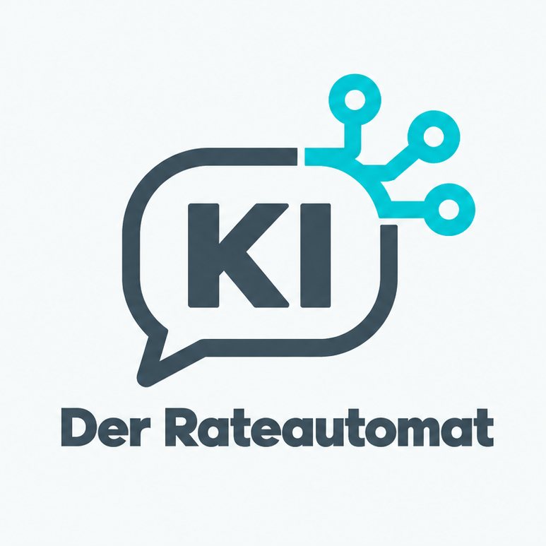 Marke der Fachwerkstatt „Der Rateautomat“: eine Sprechblase mit den Buchstaben KI, aus der rechts drei verbundene Punkte in Türkis herauswachsen wie ein Schaltbild. Darunter der Titel „Der Rateautomat“.