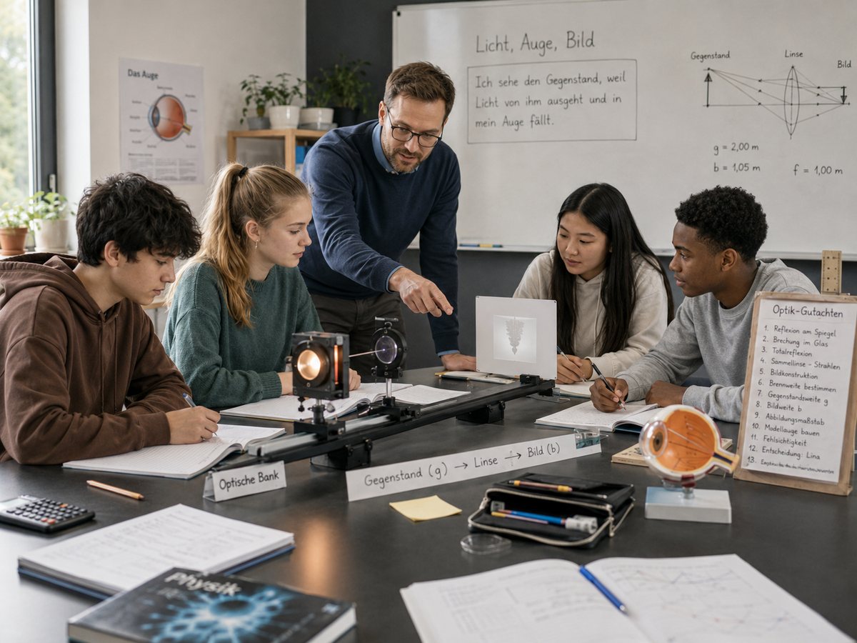 Lehrkraft und vier Lernende an einem Optiktisch: Auf der optischen Bank stehen Lichtkasten, Sammellinse und Mattscheibe mit einem Bild darauf. An der Tafel stehen der Sehsatz des Moduls und die Bildkonstruktion an der Linse, daneben ein Poster des Auges, ein Augenmodell und die Liste des Optik-Gutachtens mit zwölf Einträgen.