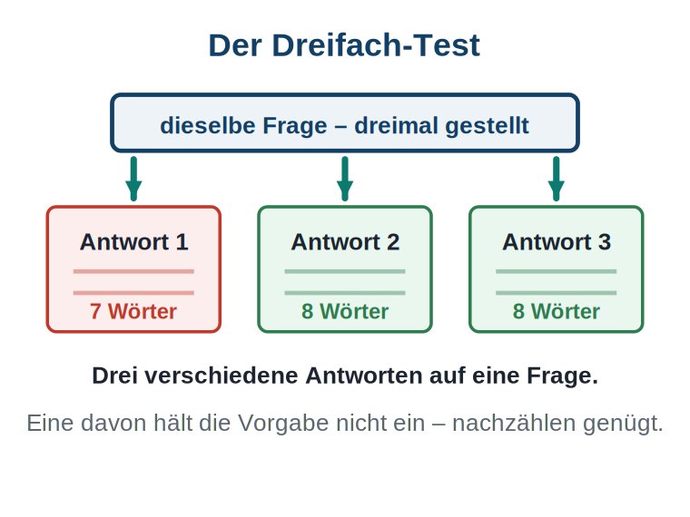 Grafik: ein Kasten „dieselbe Frage – dreimal gestellt" mit drei Pfeilen auf drei Antwortkarten; darunter die gezählten Wortzahlen 7, 8 und 8 Wörter.