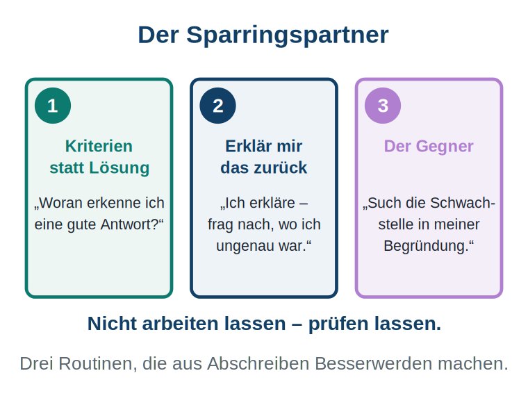 Grafik: drei nummerierte Karten nebeneinander mit je einer Beispielfrage — „Woran erkenne ich eine gute Antwort?", „Ich erkläre – frag nach, wo ich ungenau war", „Such die Schwachstelle in meiner Begründung".