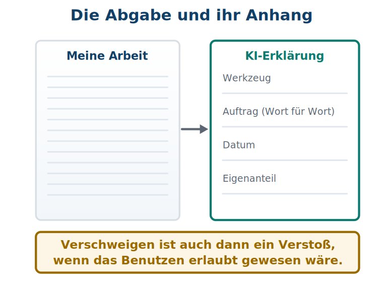 Grafik: links das Blatt „Meine Arbeit", rechts das Formular KI-Erklärung mit den Feldern Werkzeug, Auftrag Wort für Wort, Datum und Eigenanteil.